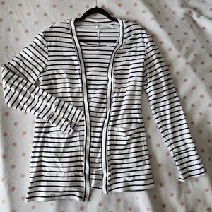 2 piece Lands' End Black & White Striped Open-Front Cardigan with knit top